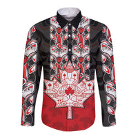 Personalised Canada Maple Leaf Long Sleeve Button Shirt Haida Totem Inspired Art