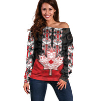 Personalised Canada Maple Leaf Off Shoulder Sweater Haida Totem Inspired Art