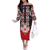 Personalised Canada Maple Leaf Off The Shoulder Long Sleeve Dress Haida Totem Inspired Art
