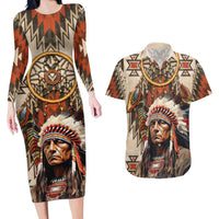 Native American Man Couples Matching Long Sleeve Bodycon Dress and Hawaiian Shirt Feather Headdress With Dream Catcher