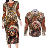 Native American Man Couples Matching Long Sleeve Bodycon Dress and Long Sleeve Button Shirt Feather Headdress With Dream Catcher