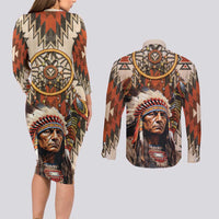 Native American Man Couples Matching Long Sleeve Bodycon Dress and Long Sleeve Button Shirt Feather Headdress With Dream Catcher