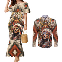 Native American Man Couples Matching Mermaid Dress and Long Sleeve Button Shirt Feather Headdress With Dream Catcher