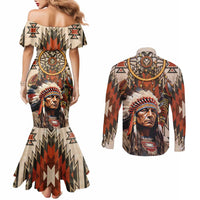 Native American Man Couples Matching Mermaid Dress and Long Sleeve Button Shirt Feather Headdress With Dream Catcher