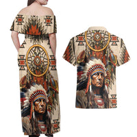Native American Man Couples Matching Off Shoulder Maxi Dress and Hawaiian Shirt Feather Headdress With Dream Catcher