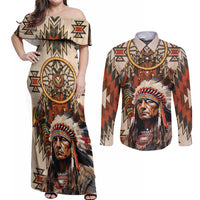 Native American Man Couples Matching Off Shoulder Maxi Dress and Long Sleeve Button Shirt Feather Headdress With Dream Catcher