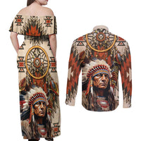 Native American Man Couples Matching Off Shoulder Maxi Dress and Long Sleeve Button Shirt Feather Headdress With Dream Catcher