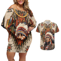 Native American Man Couples Matching Off Shoulder Short Dress and Hawaiian Shirt Feather Headdress With Dream Catcher