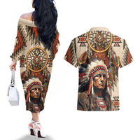 Native American Man Couples Matching Off The Shoulder Long Sleeve Dress and Hawaiian Shirt Feather Headdress With Dream Catcher
