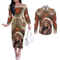 Native American Man Couples Matching Off The Shoulder Long Sleeve Dress and Long Sleeve Button Shirt Feather Headdress With Dream Catcher
