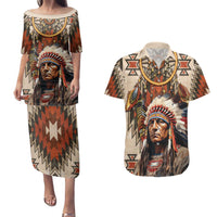 Native American Man Couples Matching Puletasi and Hawaiian Shirt Feather Headdress With Dream Catcher