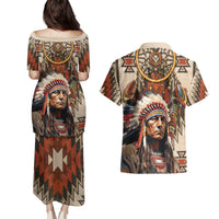 Native American Man Couples Matching Puletasi and Hawaiian Shirt Feather Headdress With Dream Catcher