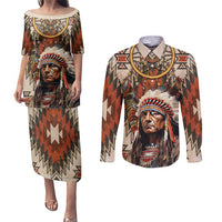 Native American Man Couples Matching Puletasi and Long Sleeve Button Shirt Feather Headdress With Dream Catcher