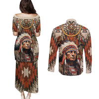 Native American Man Couples Matching Puletasi and Long Sleeve Button Shirt Feather Headdress With Dream Catcher