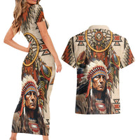 Native American Man Couples Matching Short Sleeve Bodycon Dress and Hawaiian Shirt Feather Headdress With Dream Catcher
