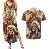 Native American Man Couples Matching Summer Maxi Dress and Hawaiian Shirt Feather Headdress With Dream Catcher