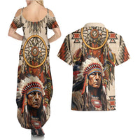 Native American Man Couples Matching Summer Maxi Dress and Hawaiian Shirt Feather Headdress With Dream Catcher
