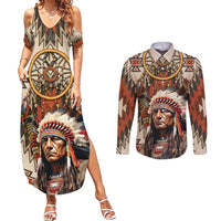 Native American Man Couples Matching Summer Maxi Dress and Long Sleeve Button Shirt Feather Headdress With Dream Catcher