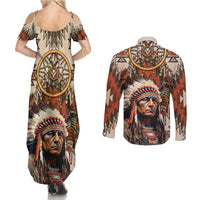 Native American Man Couples Matching Summer Maxi Dress and Long Sleeve Button Shirt Feather Headdress With Dream Catcher
