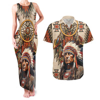 Native American Man Couples Matching Tank Maxi Dress and Hawaiian Shirt Feather Headdress With Dream Catcher