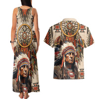 Native American Man Couples Matching Tank Maxi Dress and Hawaiian Shirt Feather Headdress With Dream Catcher