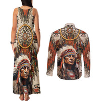 Native American Man Couples Matching Tank Maxi Dress and Long Sleeve Button Shirt Feather Headdress With Dream Catcher