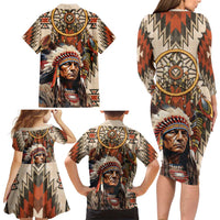Native American Man Family Matching Long Sleeve Bodycon Dress and Hawaiian Shirt Feather Headdress With Dream Catcher