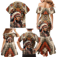 Native American Man Family Matching Mermaid Dress and Hawaiian Shirt Feather Headdress With Dream Catcher