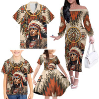 Native American Man Family Matching Off The Shoulder Long Sleeve Dress and Hawaiian Shirt Feather Headdress With Dream Catcher
