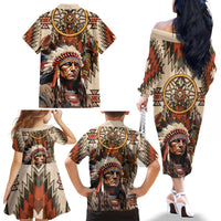 Native American Man Family Matching Off The Shoulder Long Sleeve Dress and Hawaiian Shirt Feather Headdress With Dream Catcher