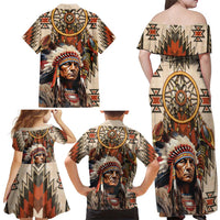 Native American Man Family Matching Off Shoulder Maxi Dress and Hawaiian Shirt Feather Headdress With Dream Catcher