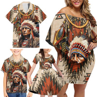 Native American Man Family Matching Off Shoulder Short Dress and Hawaiian Shirt Feather Headdress With Dream Catcher