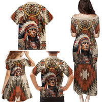 Native American Man Family Matching Puletasi and Hawaiian Shirt Feather Headdress With Dream Catcher