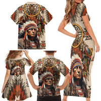 Native American Man Family Matching Short Sleeve Bodycon Dress and Hawaiian Shirt Feather Headdress With Dream Catcher