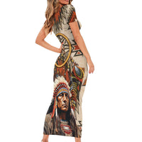 Native American Man Family Matching Short Sleeve Bodycon Dress and Hawaiian Shirt Feather Headdress With Dream Catcher