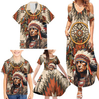 Native American Man Family Matching Summer Maxi Dress and Hawaiian Shirt Feather Headdress With Dream Catcher