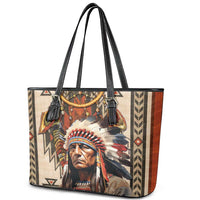 Native American Man Leather Tote Bag Feather Headdress With Dream Catcher