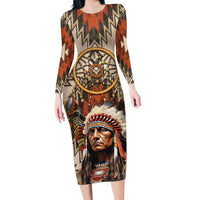 Native American Man Long Sleeve Bodycon Dress Feather Headdress With Dream Catcher