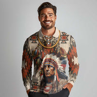 Native American Man Long Sleeve Polo Shirt Feather Headdress With Dream Catcher