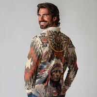 Native American Man Long Sleeve Polo Shirt Feather Headdress With Dream Catcher