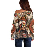 Native American Man Off Shoulder Sweater Feather Headdress With Dream Catcher