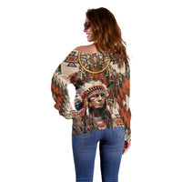 Native American Man Off Shoulder Sweater Feather Headdress With Dream Catcher