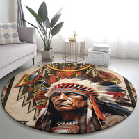 Native American Man Round Carpet Feather Headdress With Dream Catcher