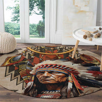 Native American Man Round Carpet Feather Headdress With Dream Catcher