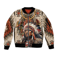Native American Man Sleeve Zip Bomber Jacket Feather Headdress With Dream Catcher
