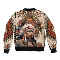 Native American Man Sleeve Zip Bomber Jacket Feather Headdress With Dream Catcher