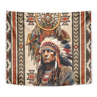 Native American Man Tapestry Feather Headdress With Dream Catcher
