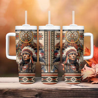 Native American Man Tumbler With Handle Feather Headdress With Dream Catcher