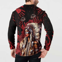 Native American MMIW Button Sweatshirt Red Indian Women With Red Handprint