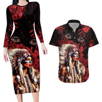 Native American MMIW Couples Matching Long Sleeve Bodycon Dress and Hawaiian Shirt Red Indian Women With Red Handprint